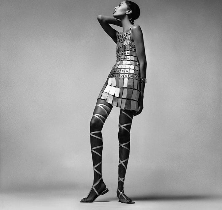 Donyale Luna, photographed by Richard Avedon, models a metal dress by French fashion designer Courrèges