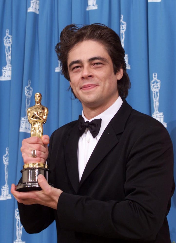 Hollywood film actor Benicio Del Toro, with Oscar, 2001