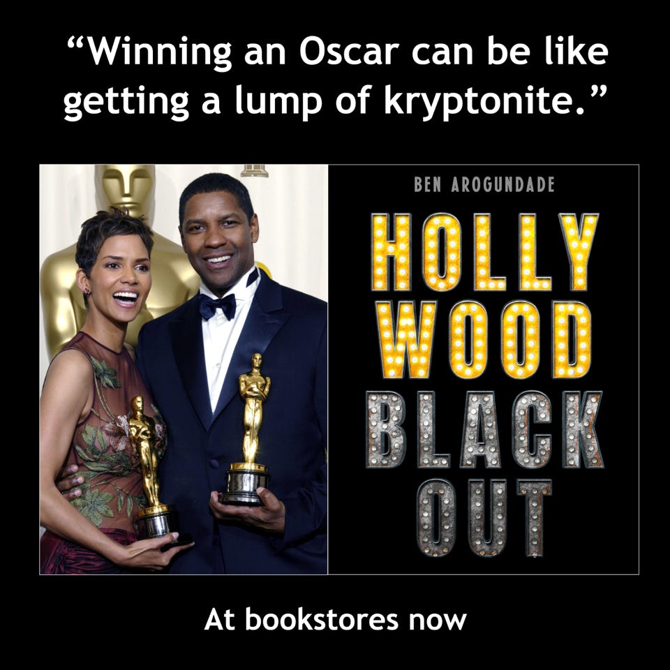 Hollywood Blackout Oscar history book - famous black celebrity Academy Award-winners - Halle Berry and Denzel Washington